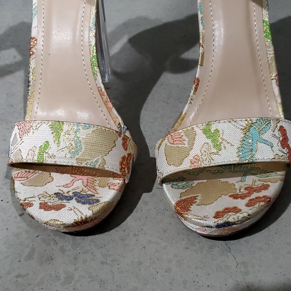 Bird Print Ankle Strap Translucent Block Heels - image 6